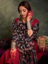 Women's Maroon Self Design Straight Kurta Trousers With Dupatta Set