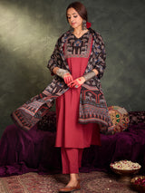 Women's Maroon Self Design Straight Kurta Trousers With Dupatta Set