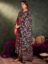 Women's Maroon Self Design Straight Kurta Trousers With Dupatta Set