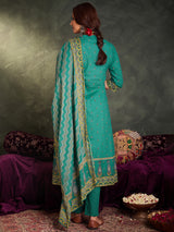 Women's Green Embroidered A-Line Kurta Trouser with Dupatta Set
