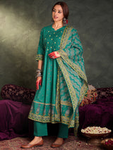 Women's Green Embroidered A-Line Kurta Trouser with Dupatta Set