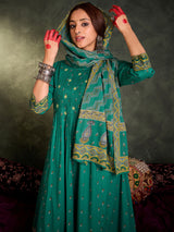Women's Green Embroidered A-Line Kurta Trouser with Dupatta Set