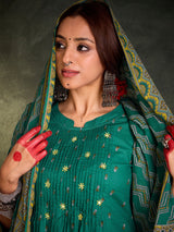 Women's Green Embroidered A-Line Kurta Trouser with Dupatta Set