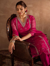 Women's Pink Embroidered Straight Kurta Trousers With Dupatta Set
