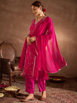 Women's Pink Embroidered Straight Kurta Trousers With Dupatta Set