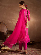 Women's Pink Embroidered Straight Kurta Trousers With Dupatta Set