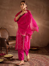Women's Pink Embroidered Straight Kurta Trousers With Dupatta Set