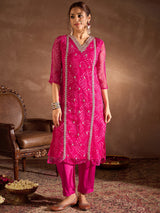Women's Pink Embroidered Straight Kurta Trousers With Dupatta Set