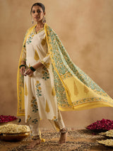 Women's Off White Printed Straight Kurta Trouser With Dupatta Set