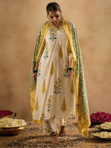 Women's Off White Printed Straight Kurta Trouser With Dupatta Set
