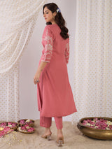 Women's Mauve Embroidered Straight Kurta Trousers Set