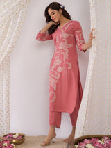 Women's Mauve Embroidered Straight Kurta Trousers Set