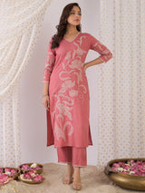 Women's Mauve Embroidered Straight Kurta Trousers Set