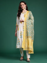 Women's Off White Printed Straight Kurta Trouser With Dupatta Set