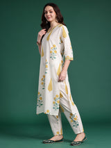 Women's Off White Printed Straight Kurta Trouser With Dupatta Set