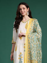 Women's Off White Printed Straight Kurta Trouser With Dupatta Set