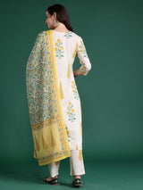 Women's Off White Printed Straight Kurta Trouser With Dupatta Set