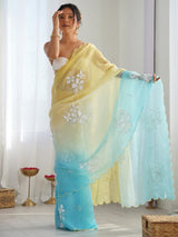 Women's Chiffon Yellow Embellished Designer Saree with Blouse Piece