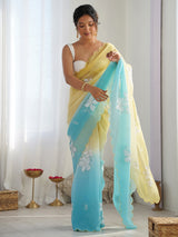 Women's Chiffon Yellow Embellished Designer Saree with Blouse Piece