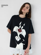 Women's Black Casual Oversized Fit Printed Half Sleeves Tshirt