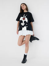 Women's Black Casual Oversized Fit Printed Half Sleeves Tshirt