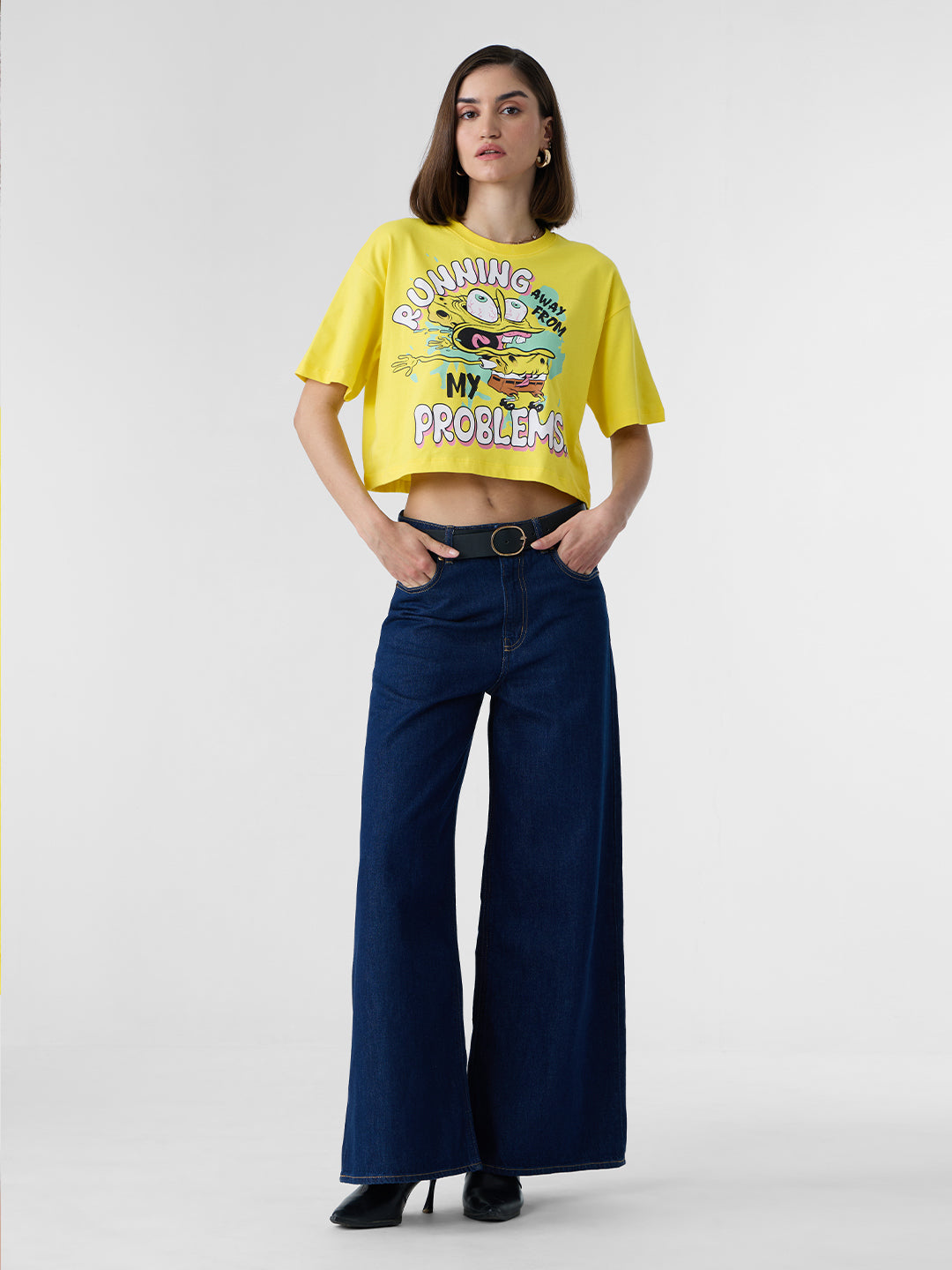 Women's Yellow Casual Oversized Fit Printed Half Sleeves Tshirt