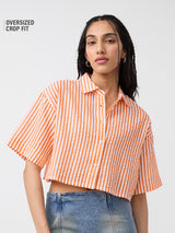 Women's Orange Casual Striped Half Sleeves Shirt