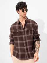 Men's Brown Casual Checkered Regular Fit Full Sleeves Shirt