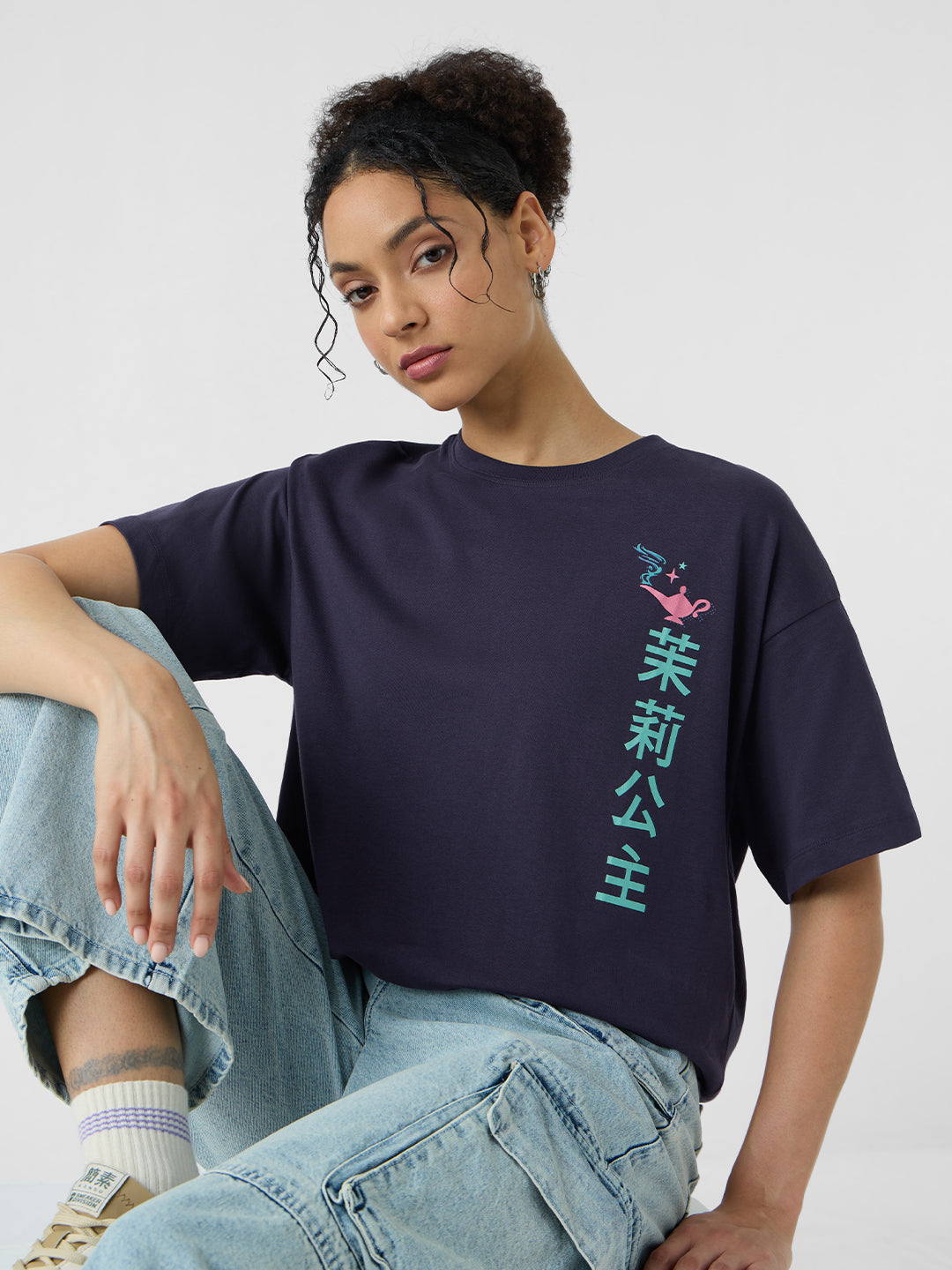 Women's Blue Casual Oversized Fit Printed Half Sleeves Tshirt