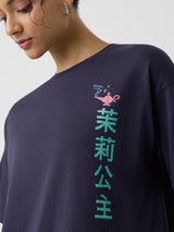 Women's Blue Casual Oversized Fit Printed Half Sleeves Tshirt