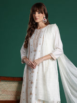 Women's Off White Embroidered Straight Kurta Trouser With Dupatta Set