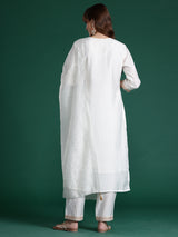 Women's Off White Embroidered Straight Kurta Trouser With Dupatta Set