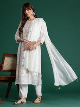 Women's Off White Embroidered Straight Kurta Trouser With Dupatta Set