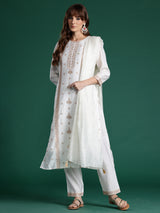 Women's Off White Embroidered Straight Kurta Trouser With Dupatta Set