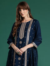 Women's Teal Embroidered Straight Kurta Trouser With Dupatta Set