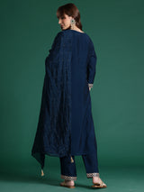 Women's Teal Embroidered Straight Kurta Trouser With Dupatta Set