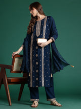Women's Teal Embroidered Straight Kurta Trouser With Dupatta Set