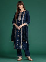 Women's Teal Embroidered Straight Kurta Trouser With Dupatta Set
