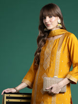 Women's Mustard Embroidered Straight Kurta Trouser With Dupatta Set