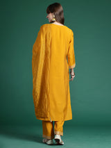 Women's Mustard Embroidered Straight Kurta Trouser With Dupatta Set