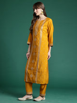 Women's Mustard Embroidered Straight Kurta Trouser With Dupatta Set