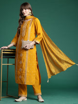 Women's Mustard Embroidered Straight Kurta Trouser With Dupatta Set