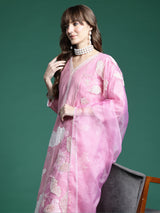 Women's Pink Embroidered Straight Kurta With Dupatta Set