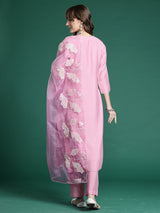Women's Pink Embroidered Straight Kurta With Dupatta Set