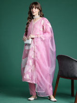Women's Pink Embroidered Straight Kurta With Dupatta Set