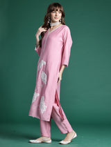 Women's Pink Embroidered Straight Kurta With Dupatta Set