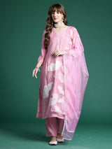 Women's Pink Embroidered Straight Kurta With Dupatta Set