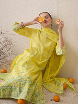 Women's Yellow Printed Straight Kurta Trousers With Dupatta Set
