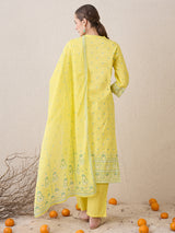 Women's Yellow Printed Straight Kurta Trousers With Dupatta Set