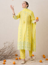 Women's Yellow Printed Straight Kurta Trousers With Dupatta Set